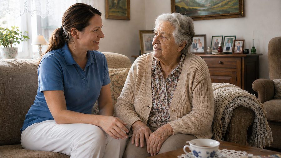 Pflegekraft im Gespräch mit einer älteren Dame in ihrem Zuhause