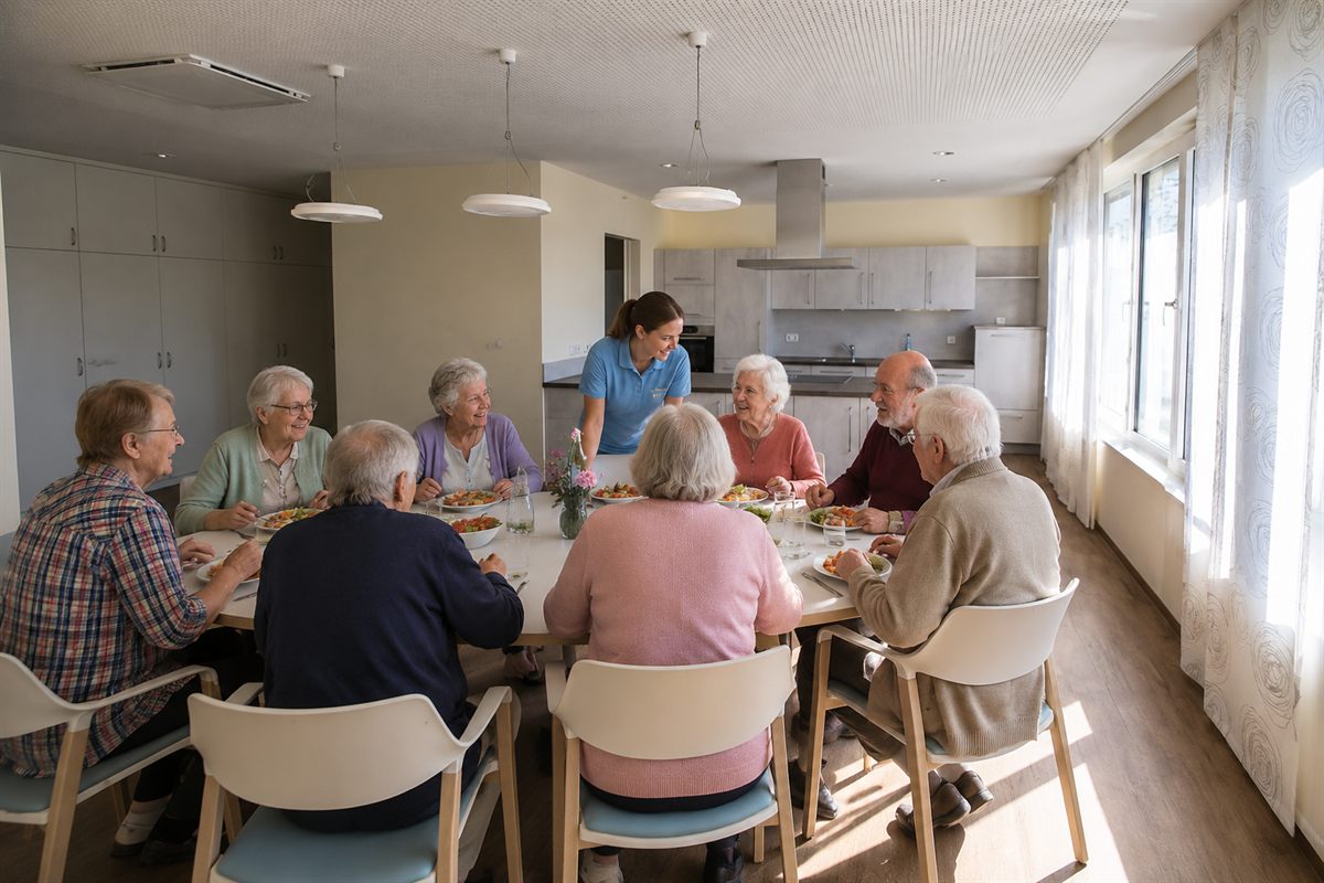 Gemütliches Wohnzimmer einer Wohngemeinschaft für Menschen mit Demenz