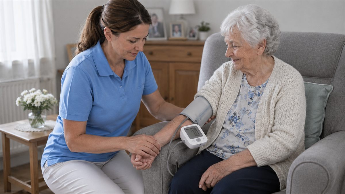 Krankenschwester misst Blutdruck bei einer Klientin zu Hause