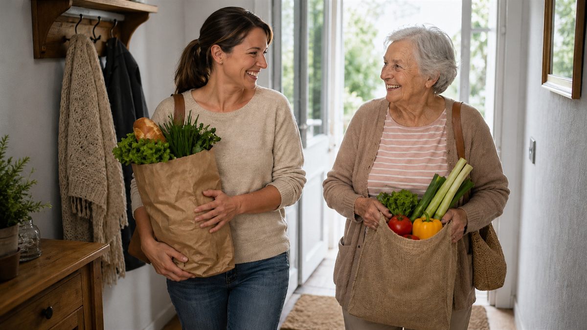 Helferin unterstützt Seniorin beim Einkauf